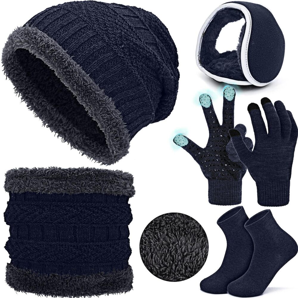 6245 5 Pieces Winter Hats Touch Screen Gloves Navy Hat Scarf and Gloves Set